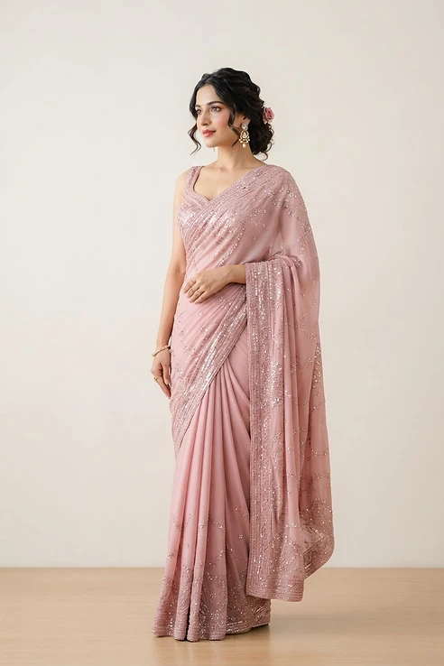 Rose Pink Sequin Designer Saree
